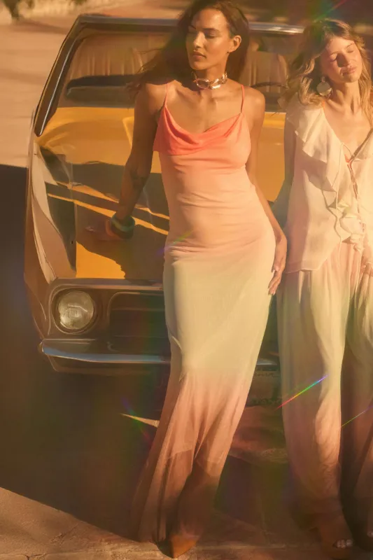 Sunset Symphony Ombre Mesh Cowl-Neck Maxi Dress sold by Promesa