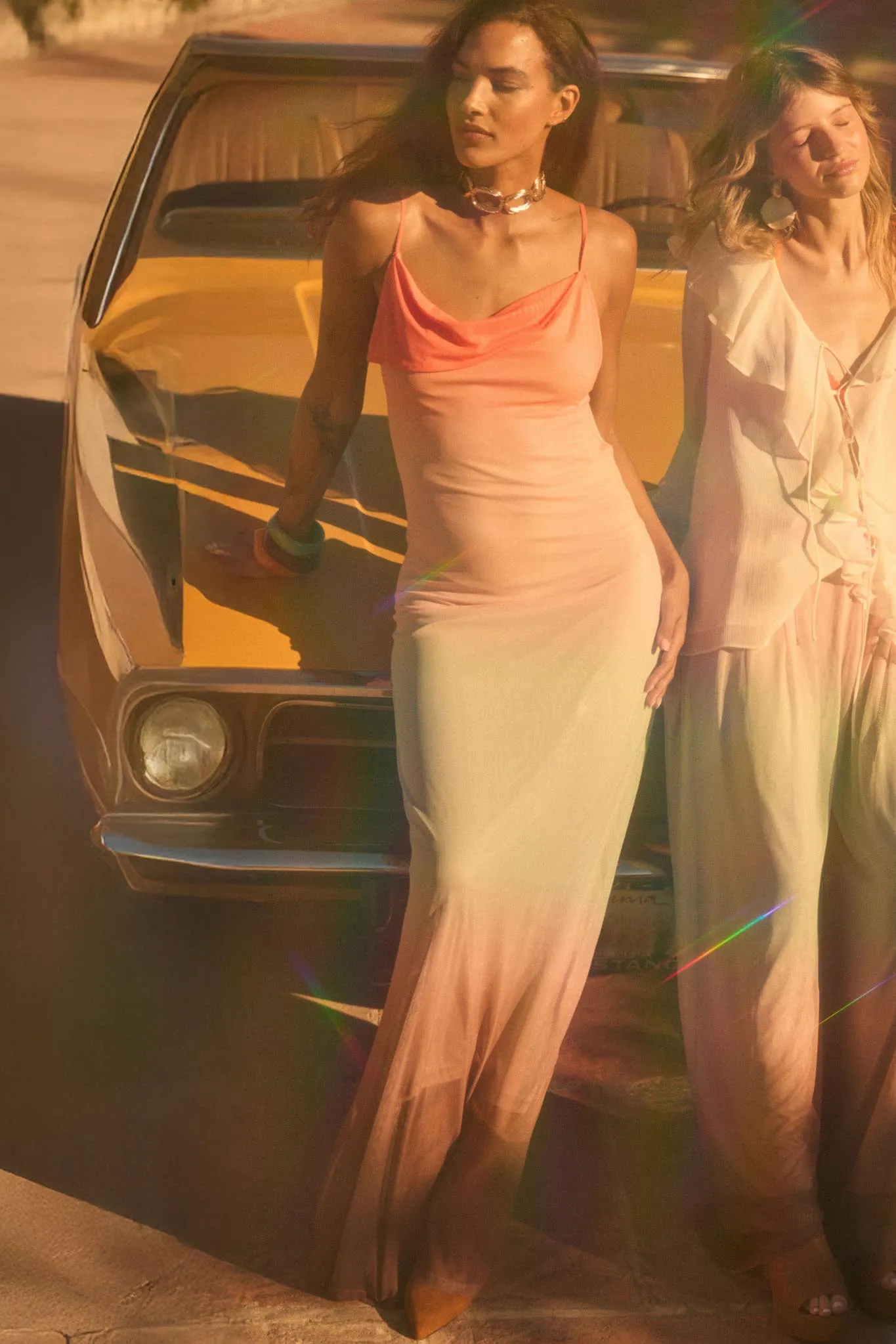 Sunset Symphony Ombre Mesh Cowl-Neck Maxi Dress sold by Promesa