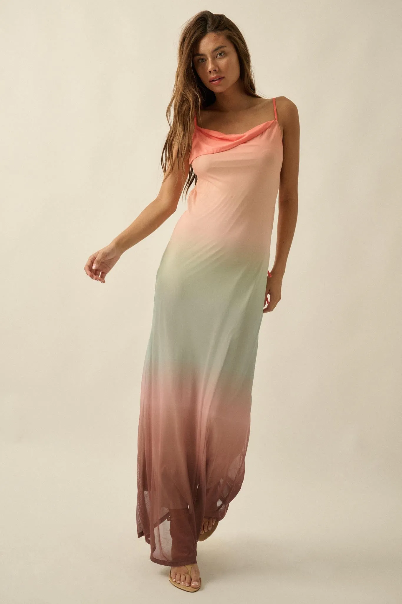 Sunset Symphony Ombre Mesh Cowl-Neck Maxi Dress sold by Promesa product image thumbnail 4