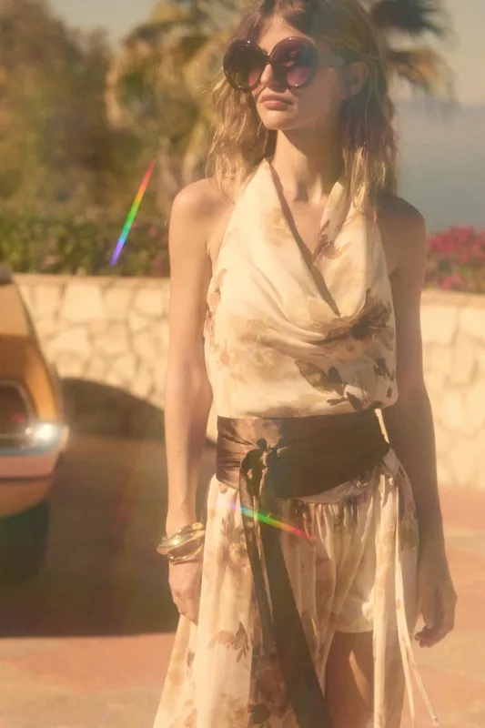 Pure Elegance Floral Chiffon Cowl-Neck Halter Top made by Promesa