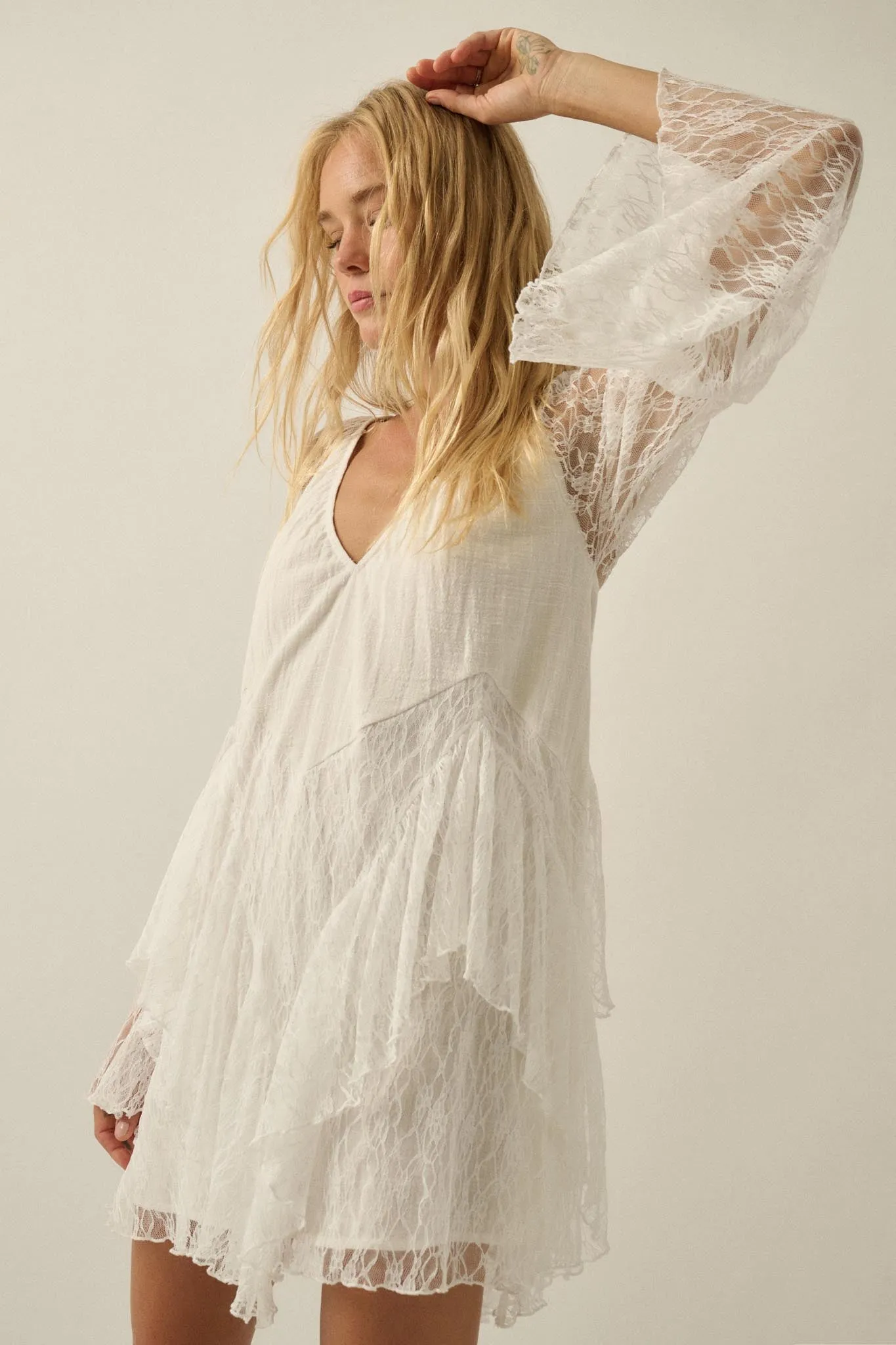 Morning Whisper Ruffled Lace Bell-Sleeve Romper sold by Promesa product image thumbnail 4