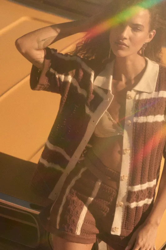 Across the Way Striped Crochet-Knit Camp Shirt made by Promesa