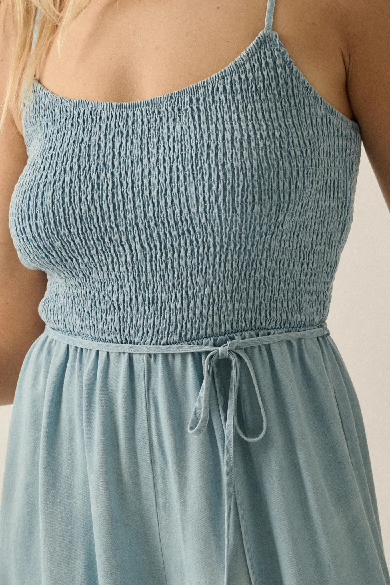 Clear Skies Smocked Denim Wide-Leg Cami Jumpsuit sold by Promesa product image thumbnail 4