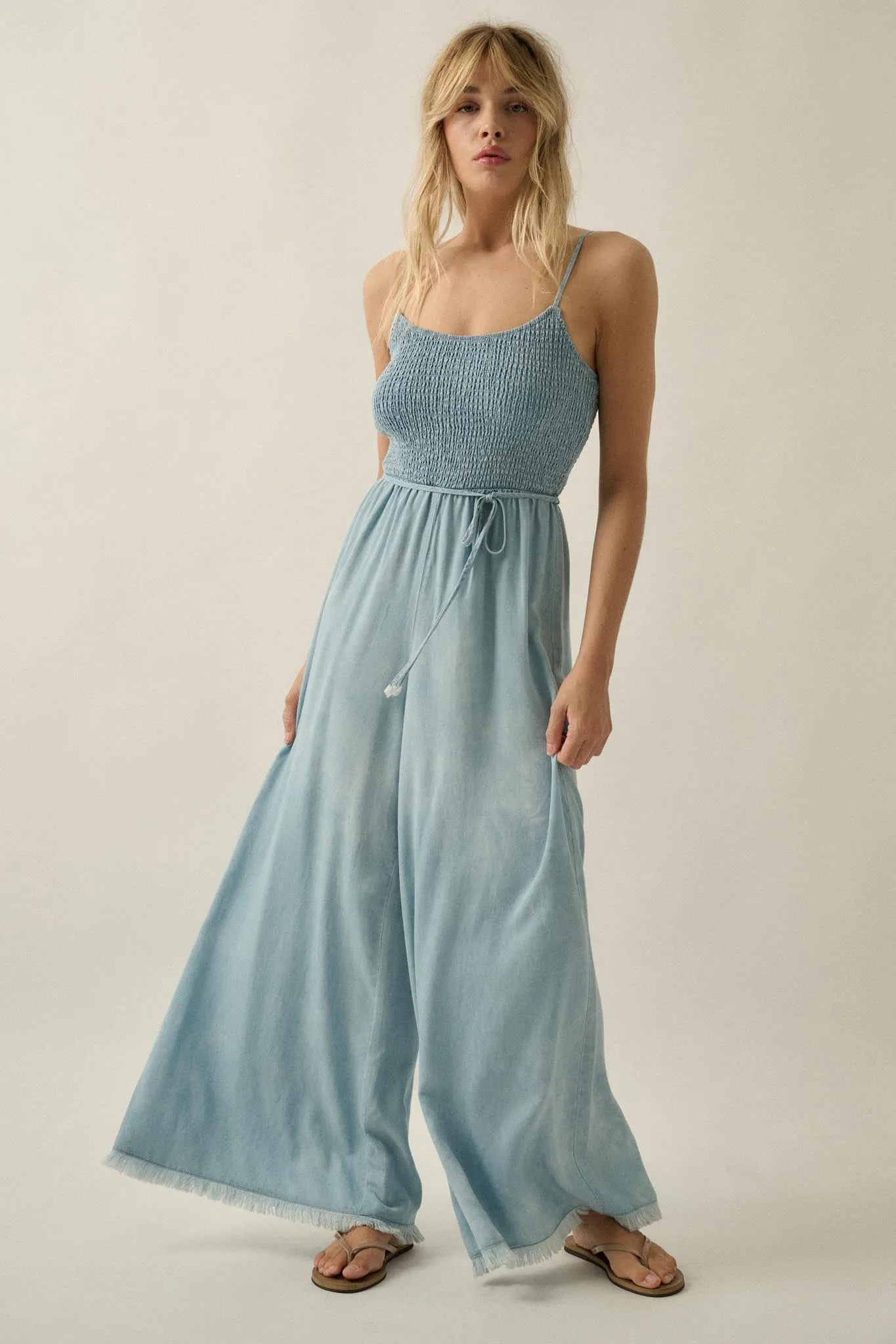 Clear Skies Smocked Denim Wide-Leg Cami Jumpsuit sold by Promesa product image thumbnail 3
