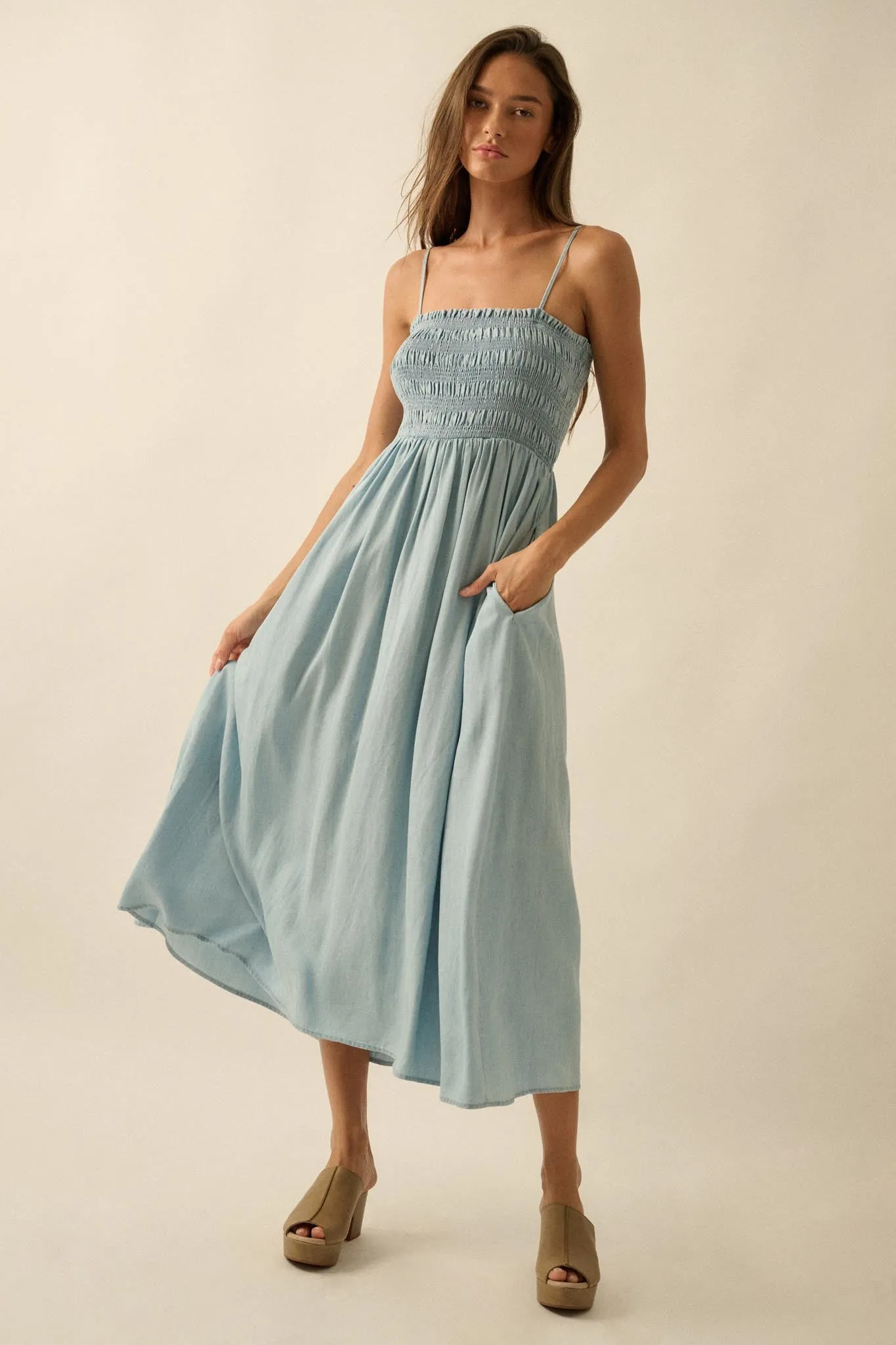 Beauty in Blue Smocked Denim Pocket Midi Dress sold by Promesa product image thumbnail 4
