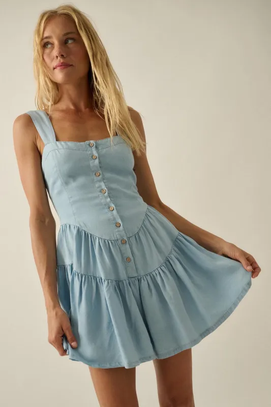 Sky High Denim Button-Front Tiered Ruffle Romper sold by Promesa