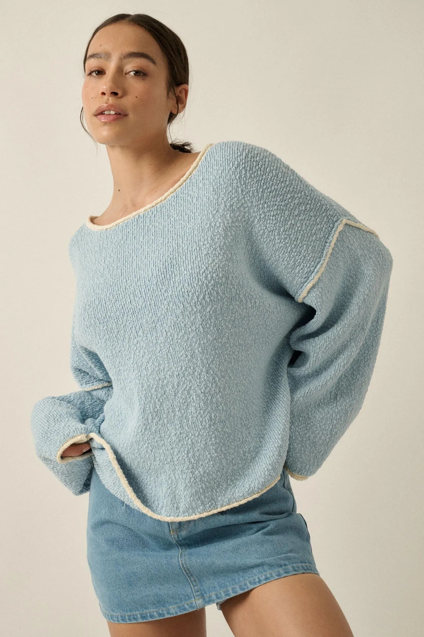 Get Cozy Textured Knit Exposed-Seam Sweater sold by Promesa