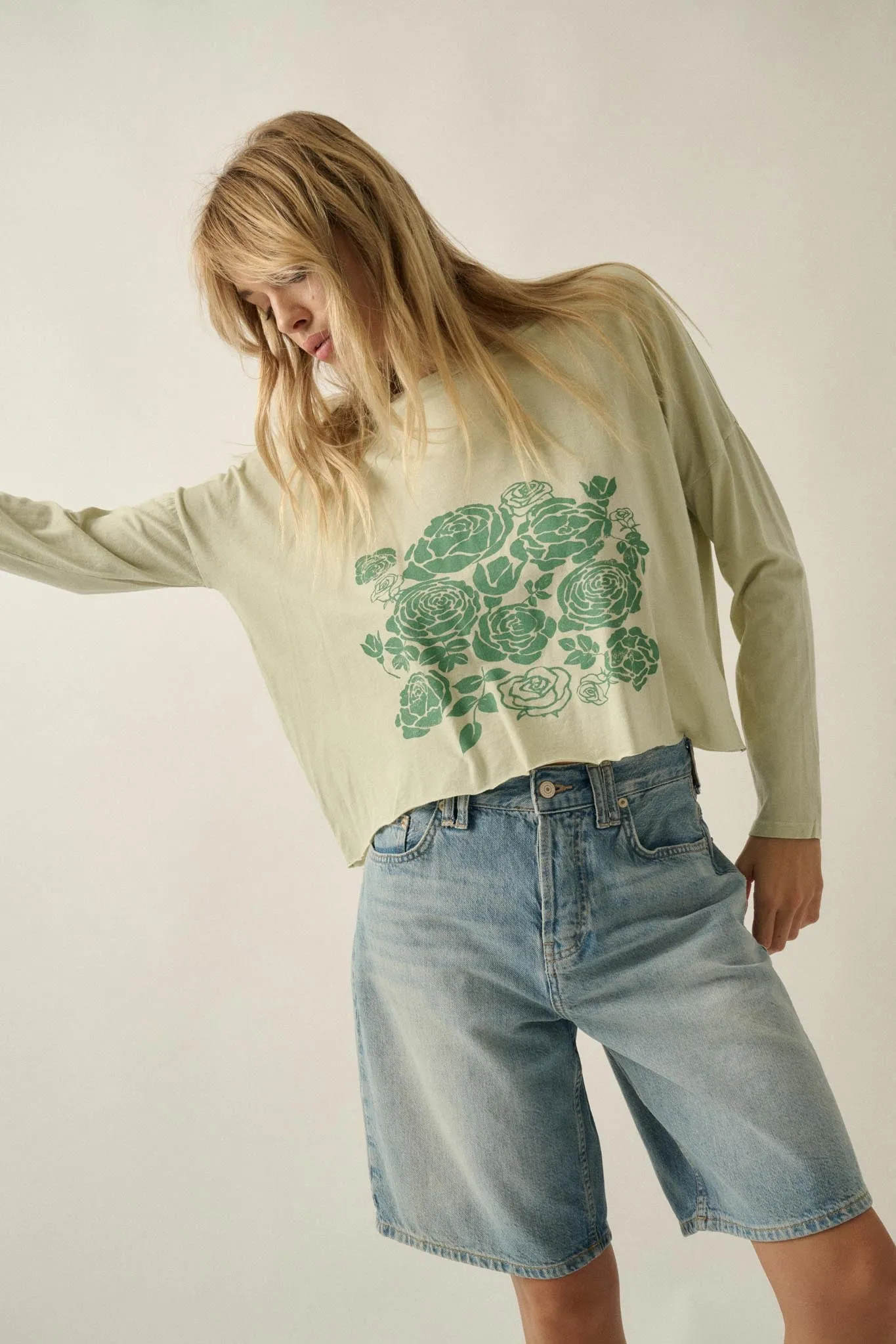 Sage Blooms Vintage-Wash Long-Sleeve Graphic Tee sold by Promesa