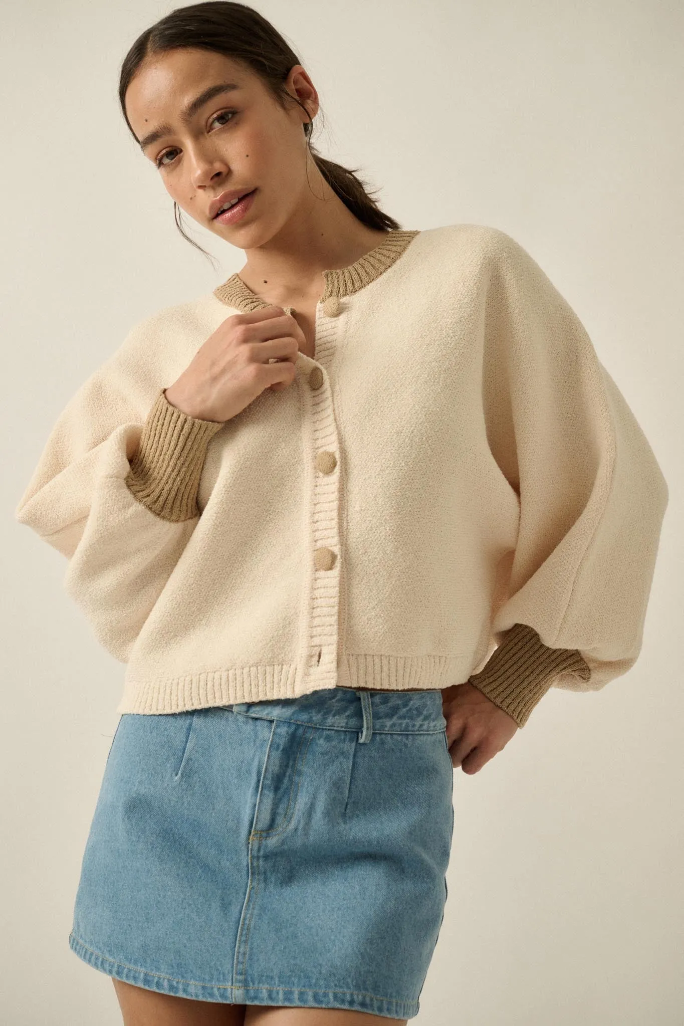 Ready or Not Contrast Knit Bubble-Sleeve Cardigan sold by Promesa