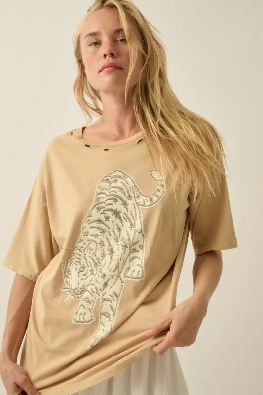 Starry Tiger Distressed Oversize Graphic Tee sold by Promesa
