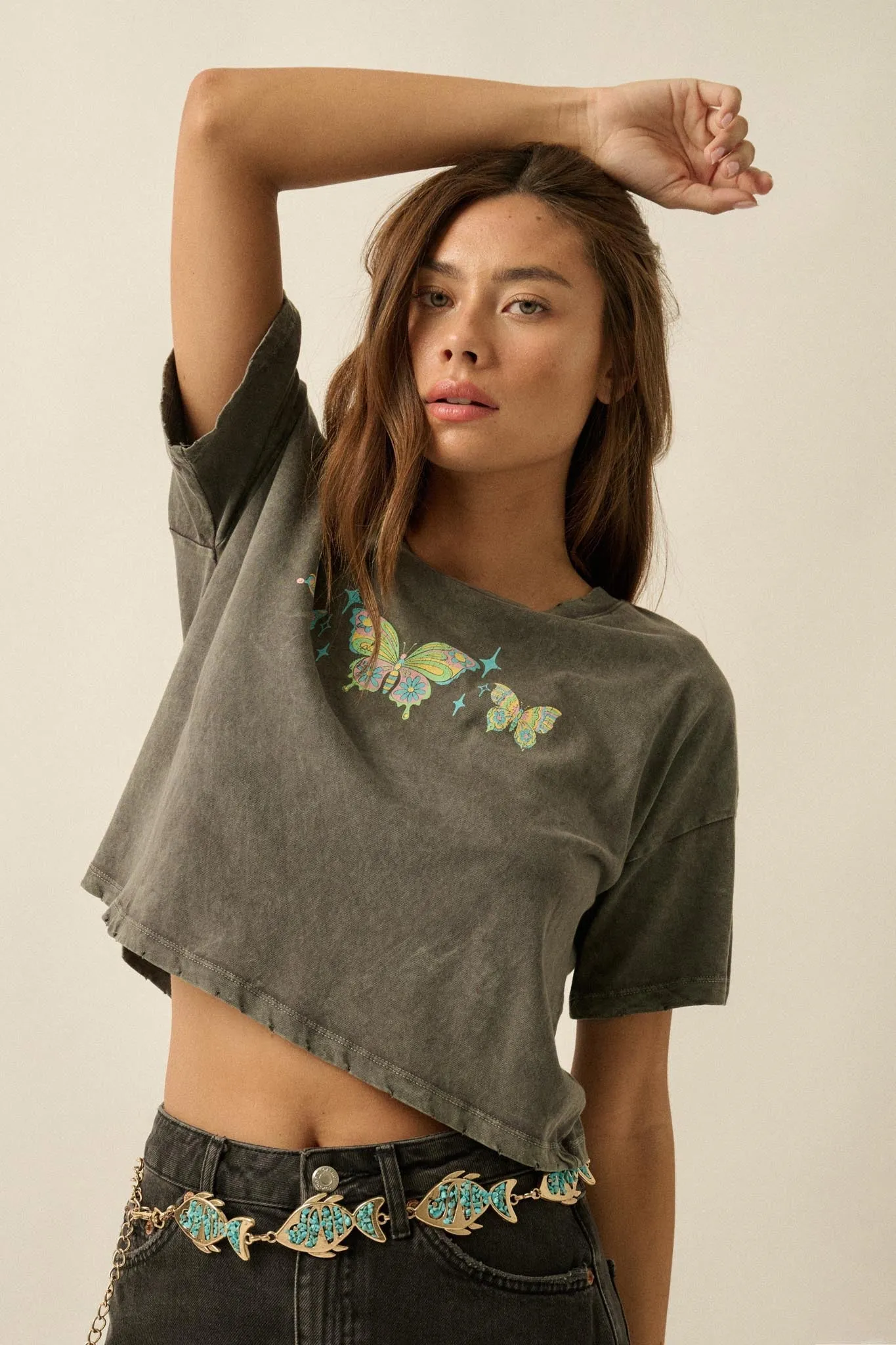 Butterfly Babe Vintage-Wash Cropped Graphic Tee sold by Promesa product image thumbnail 4