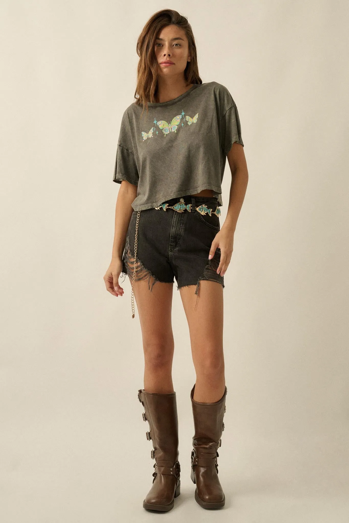 Butterfly Babe Vintage-Wash Cropped Graphic Tee sold by Promesa product image thumbnail 3