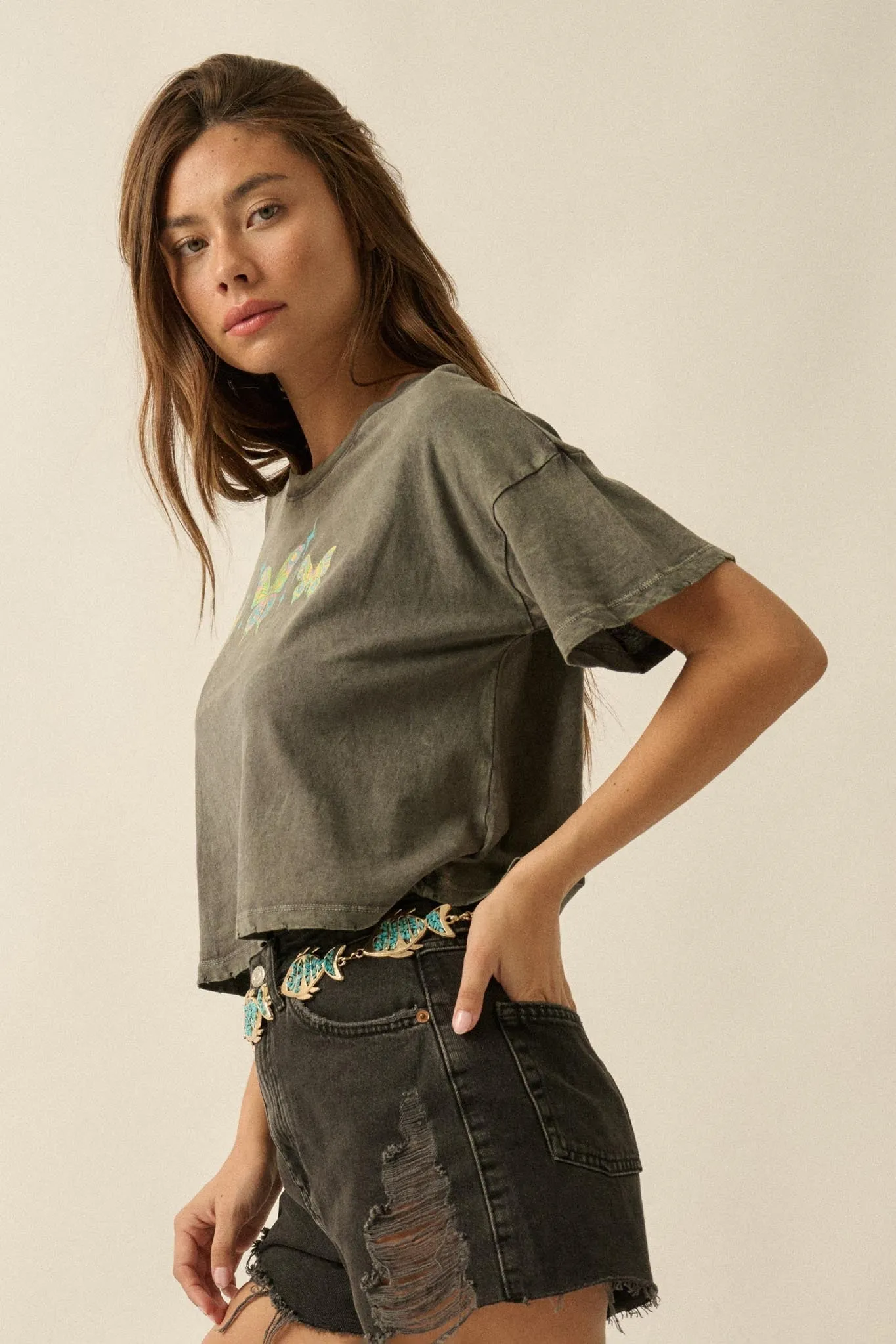 Butterfly Babe Vintage-Wash Cropped Graphic Tee sold by Promesa product image thumbnail 5