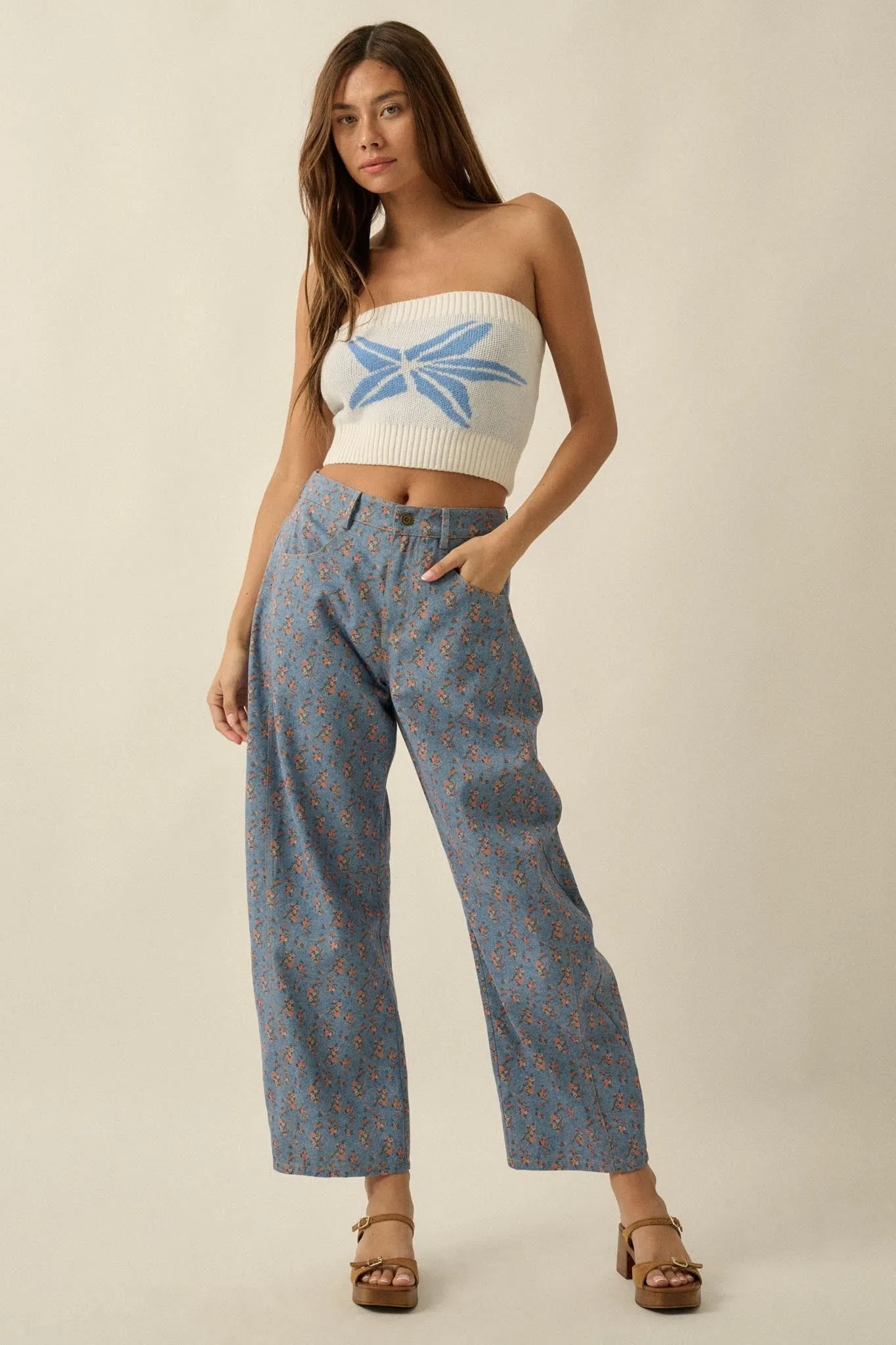 Blooming Blues Floral-Print Denim Barrel Jeans sold by Promesa product image thumbnail 4