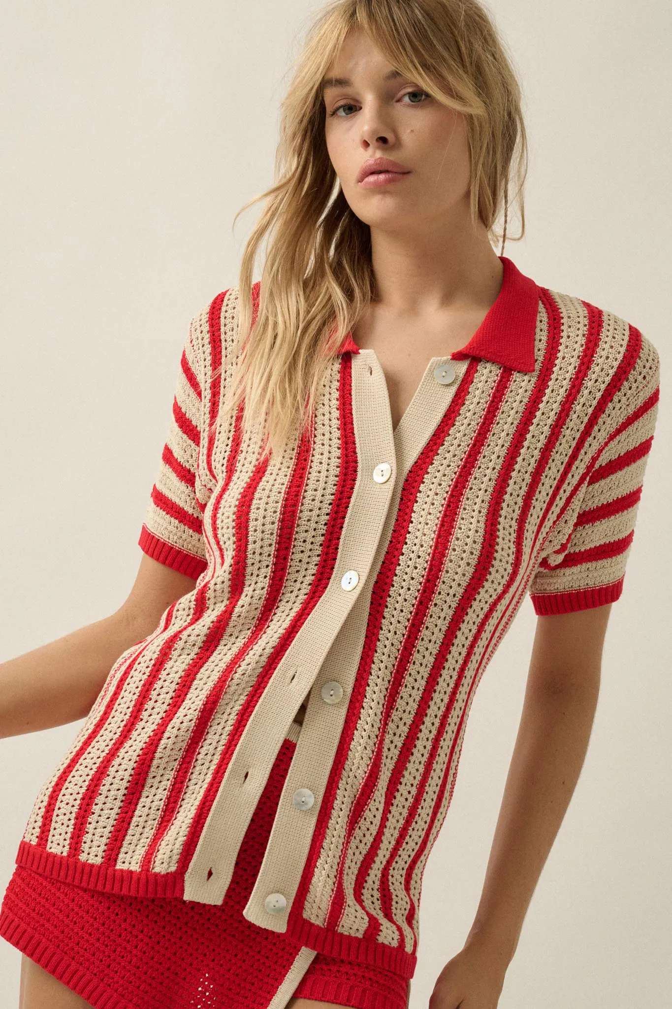 Day in the Sun Striped Crochet-Knit Camp Shirt sold by Promesa