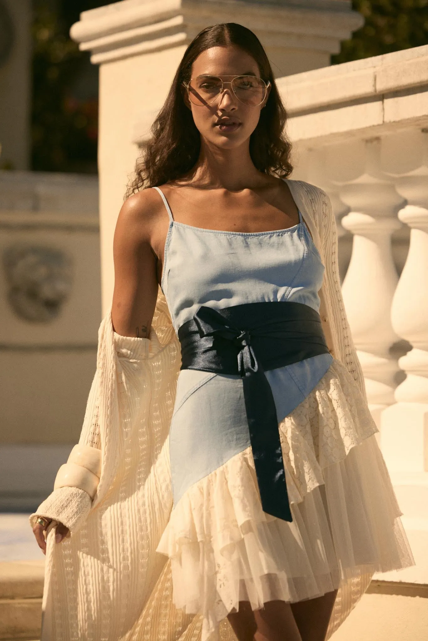 Open Skies Denim and Lace Ruffle Mini Dress sold by Promesa product image thumbnail 2