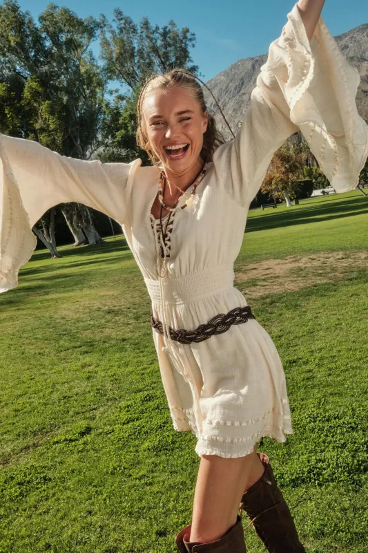 Feeling Free Cotton Lace-Up Bell-Sleeve Romper sold by Promesa