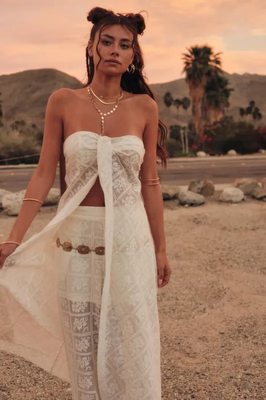 Pure Soul Floral Lace Strapless Flyaway Maxi Top sold by Promesa