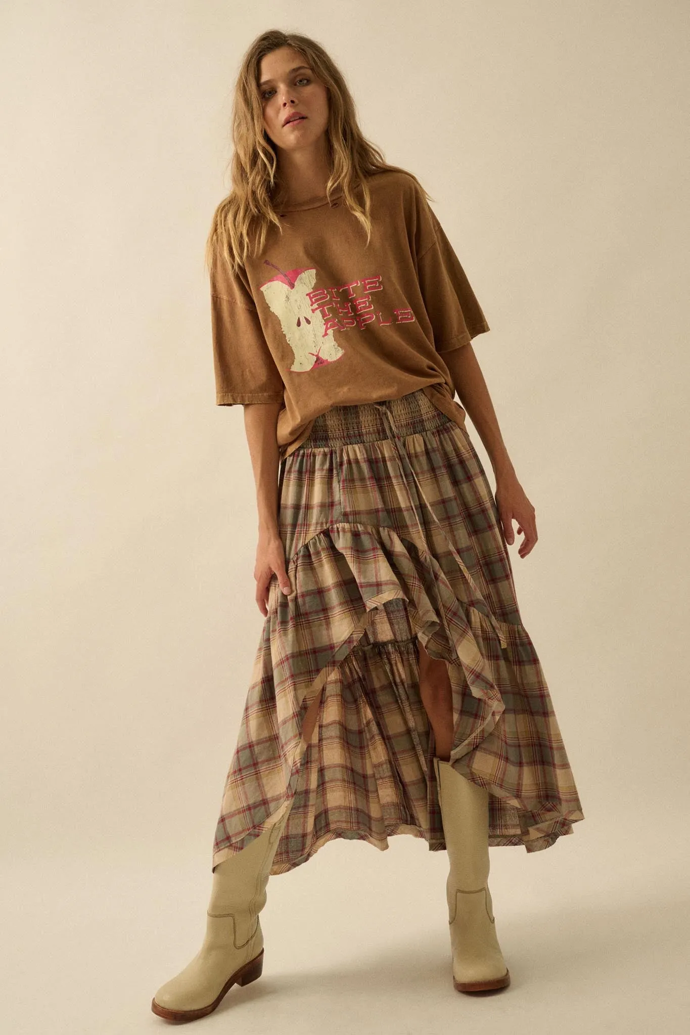 Country Mile Plaid High-Low Ruffle Maxi Skirt sold by Promesa product image thumbnail 4
