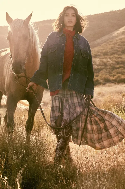 Country Mile Plaid High-Low Ruffle Maxi Skirt made by Promesa