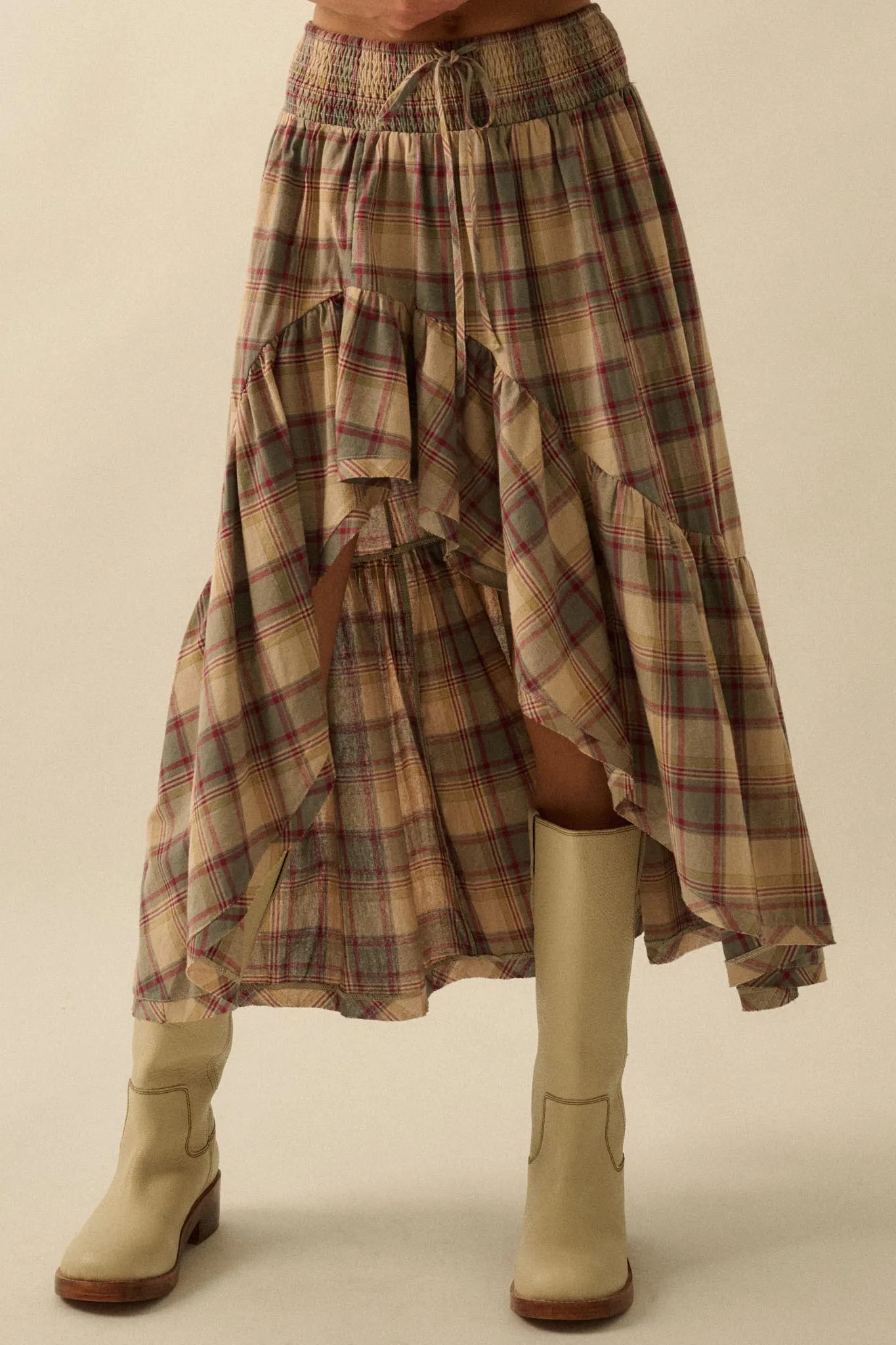 Country Mile Plaid High-Low Ruffle Maxi Skirt sold by Promesa product image thumbnail 5