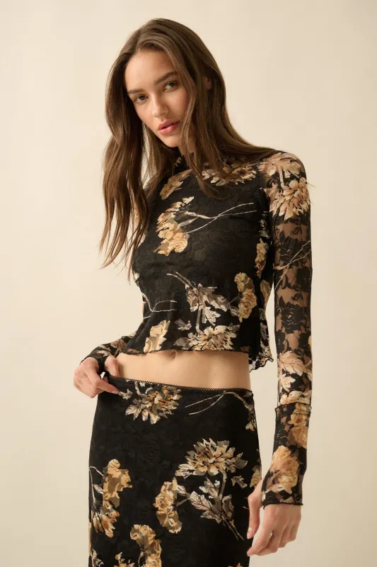 Timeless Blooms Printed Floral Lace Mock-Neck Top made by Promesa