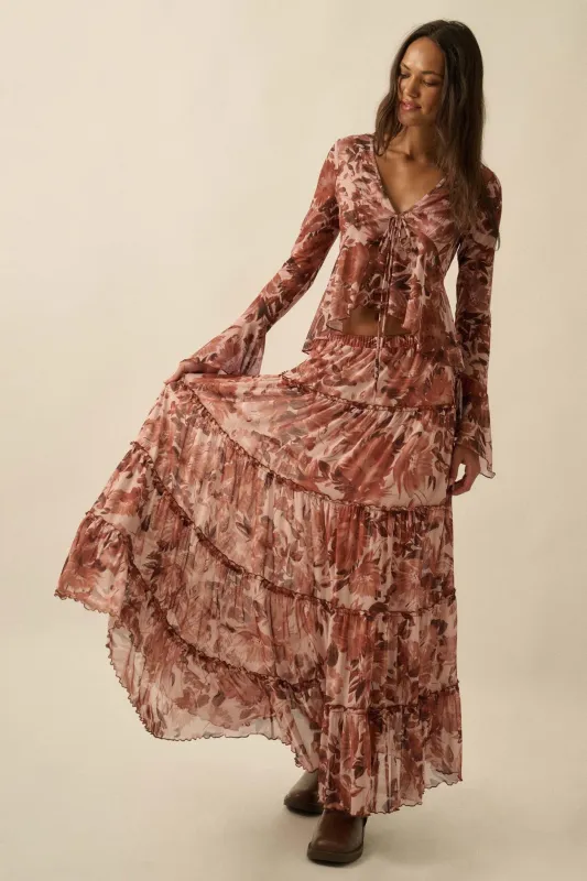 Gorgeous Garden Floral Mesh Tiered Maxi Skirt sold by Promesa