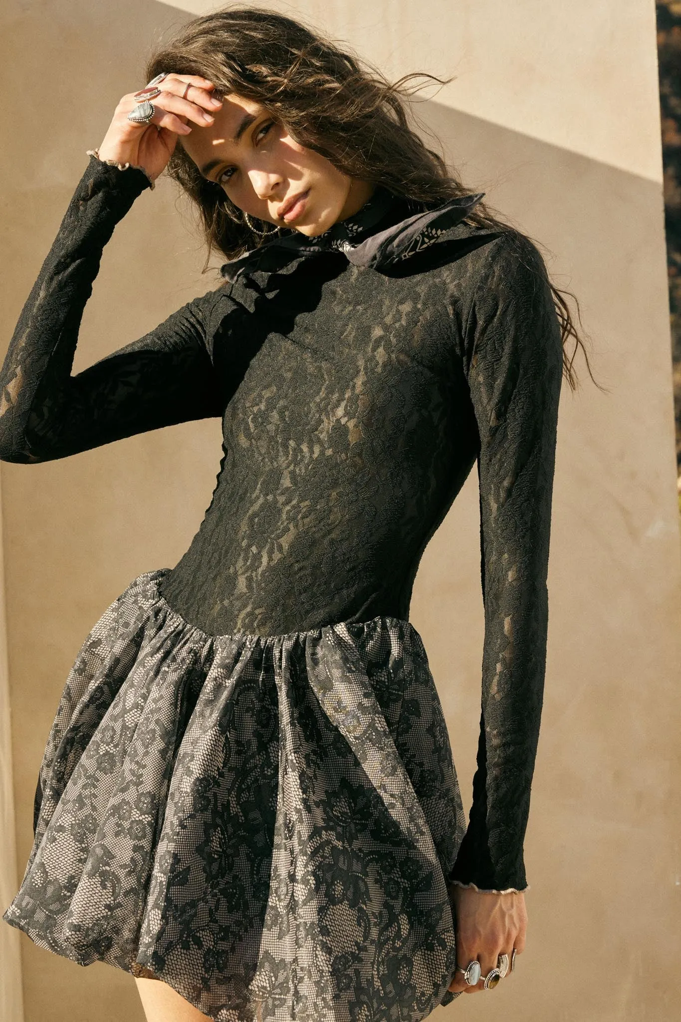 Midnight Romance Lace Mock-Neck Bubble Mini Dress sold by Promesa