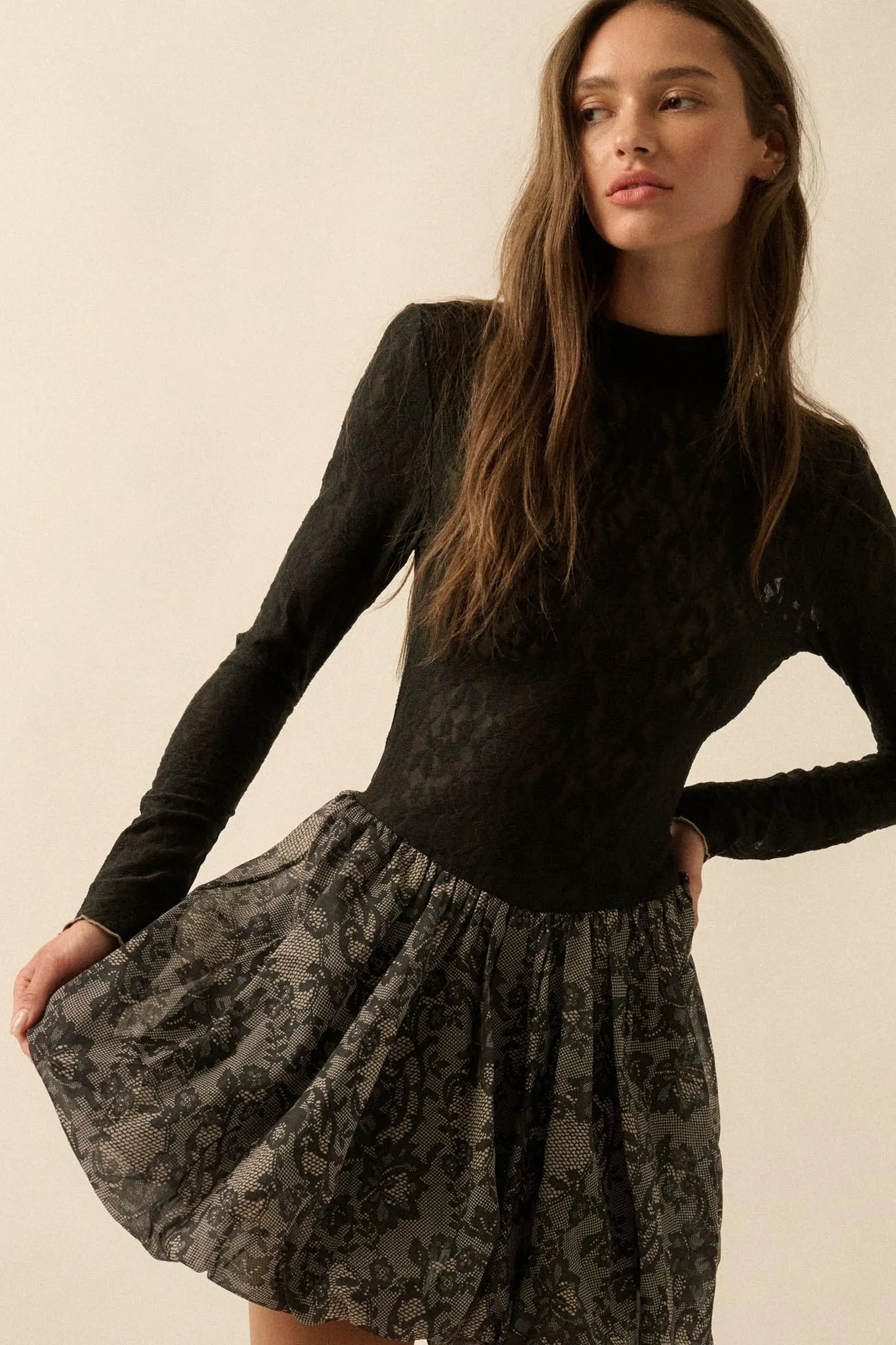 Midnight Romance Lace Mock-Neck Bubble Mini Dress sold by Promesa product image thumbnail 4