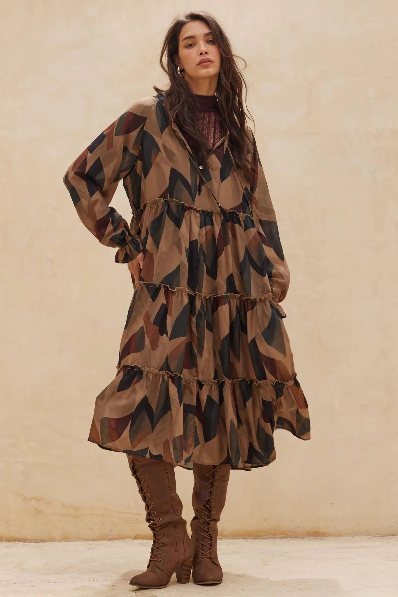 Modern Vintage Abstract-Print Midi Prairie Dress sold by Promesa