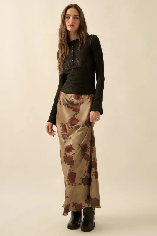 Days of Beauty Bias-Cut Floral Satin Maxi Skirt sold by Promesa