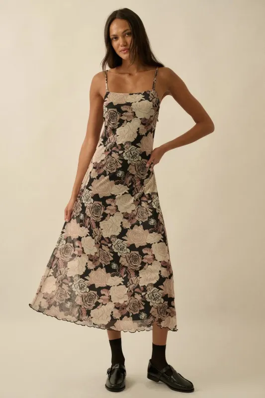 Moonlit Blossoms Floral Mesh Cami Midi Dress made by Promesa