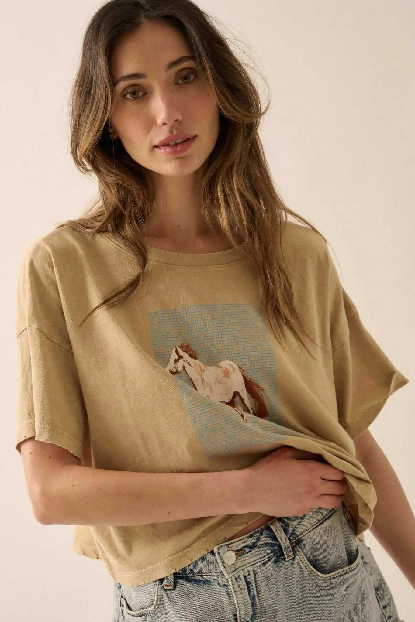 Horsin' Around Cropped Vintage-Wash Graphic Tee sold by Promesa