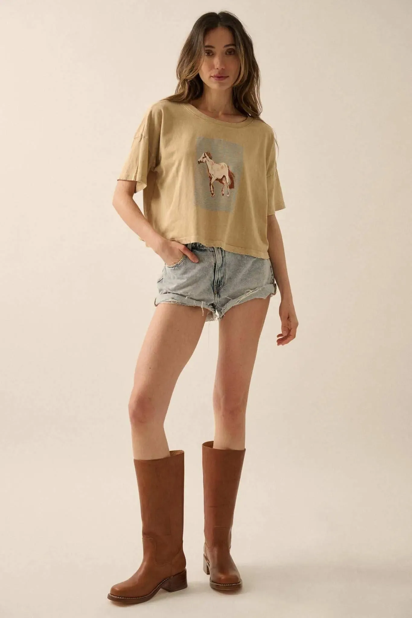 Horsin' Around Cropped Vintage-Wash Graphic Tee sold by Promesa product image thumbnail 3
