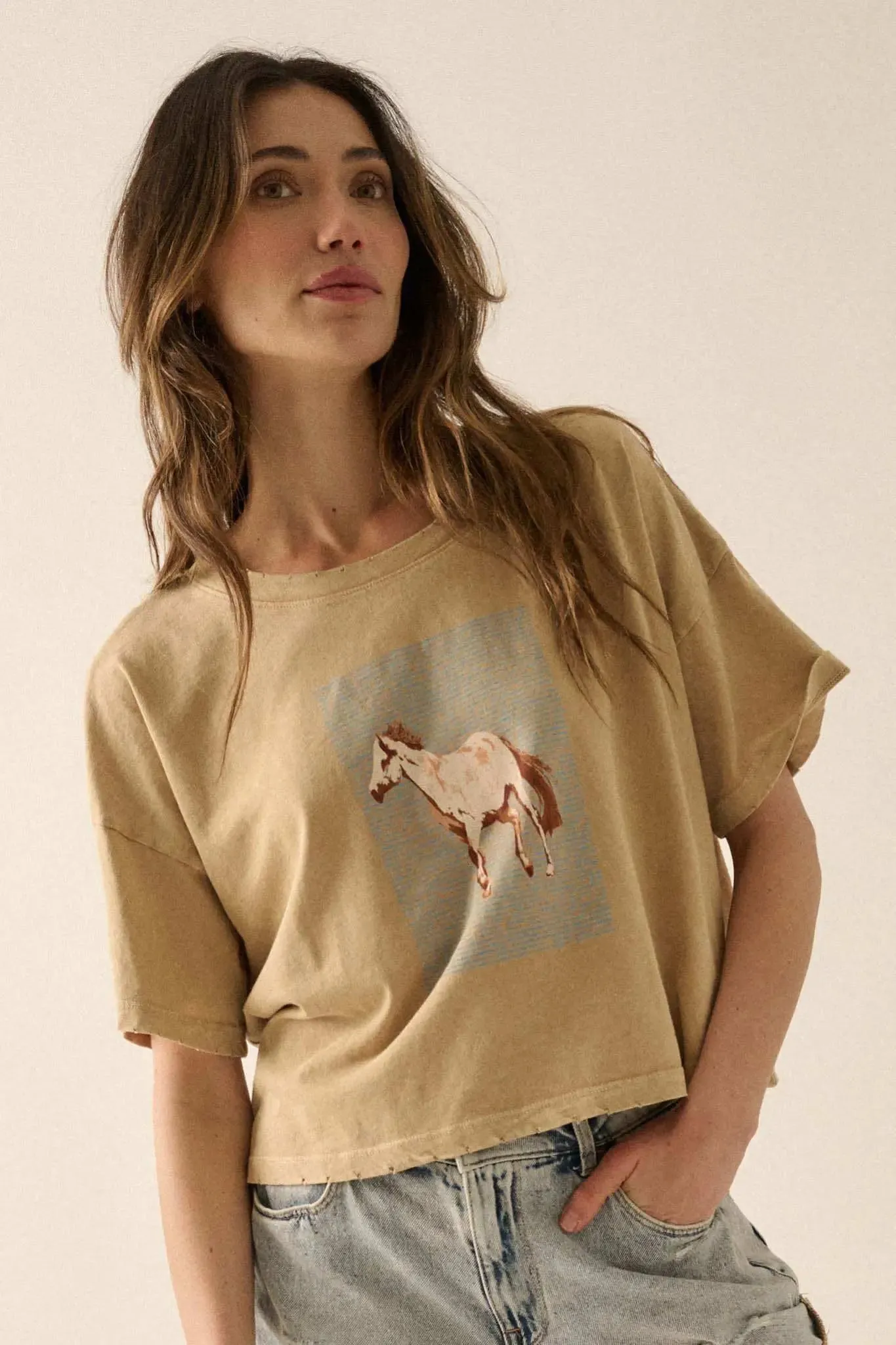 Horsin' Around Cropped Vintage-Wash Graphic Tee sold by Promesa product image thumbnail 5