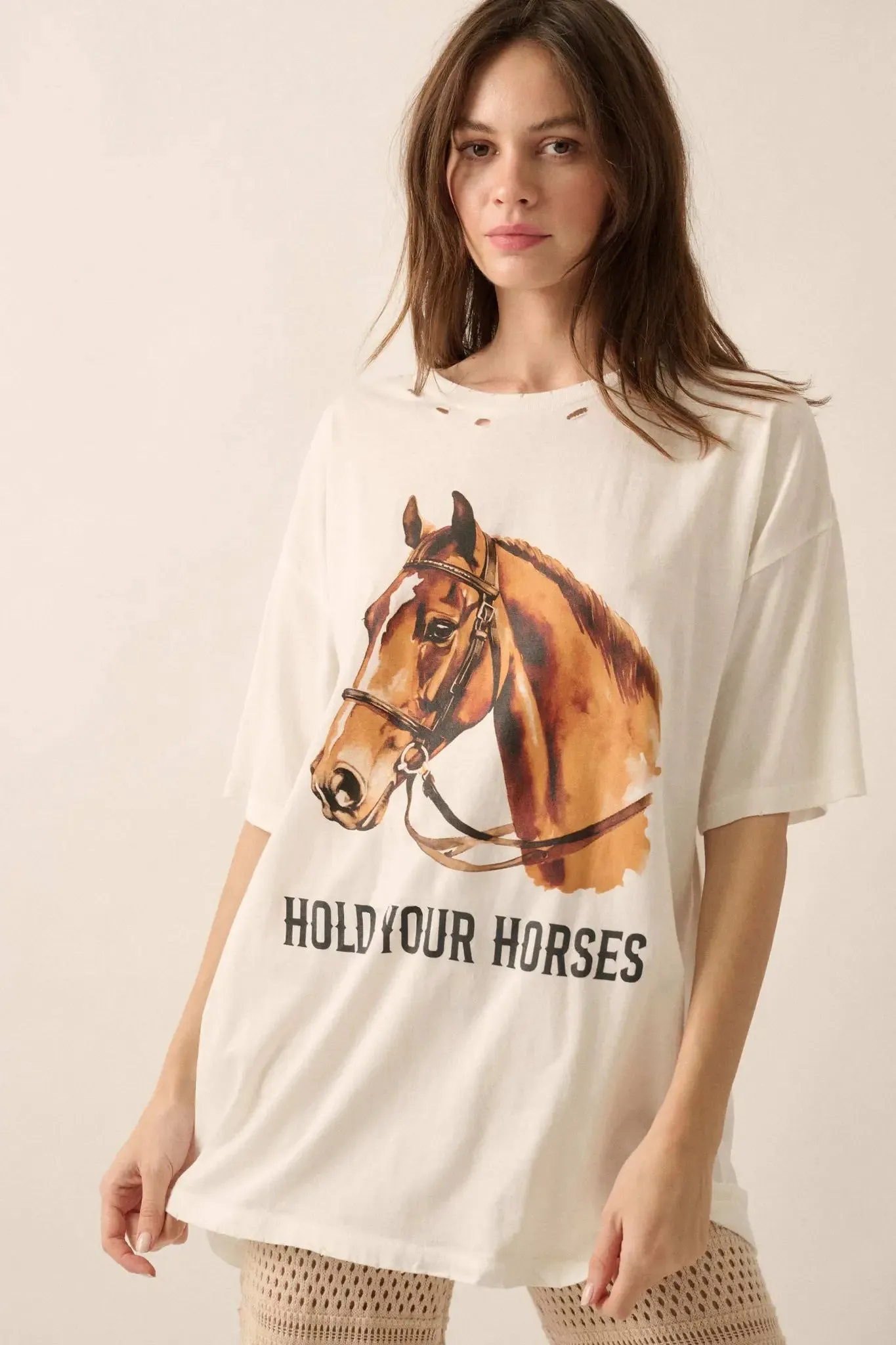 Hold Your Horses Oversize Distressed Graphic Tee sold by Promesa
