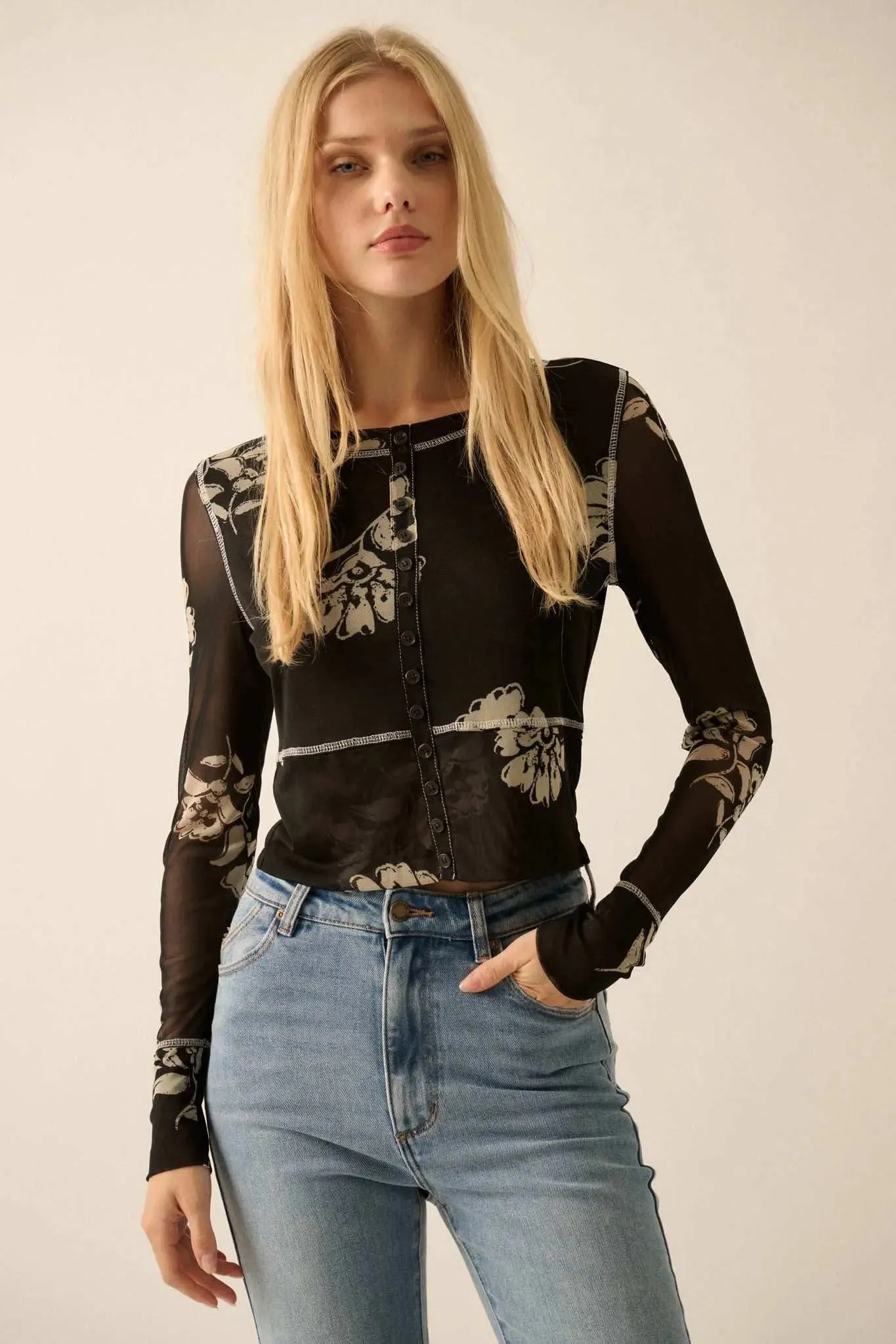 Deco All Day Floral Mesh Button-Trim Top sold by Promesa product image thumbnail 3