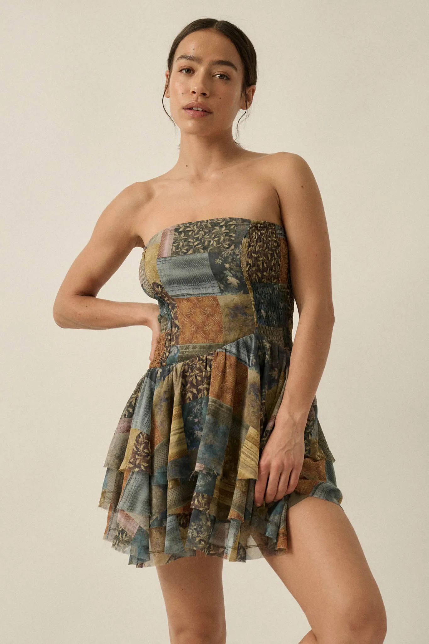 In the Mix Patchwork-Print Strapless Mini Dress sold by Promesa product image thumbnail 4