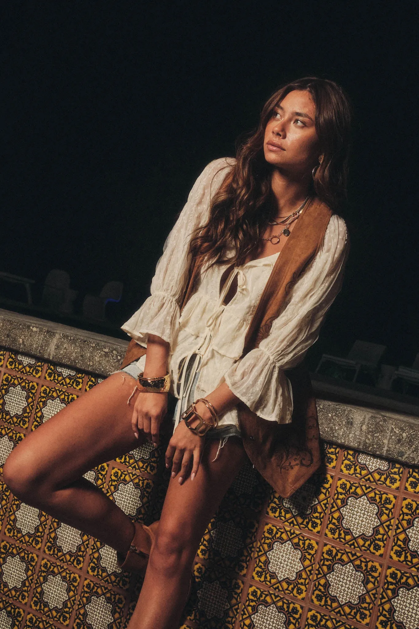 Beauty Spot Ruffled Swiss Dot Tie-Front Peasant Top sold by Promesa