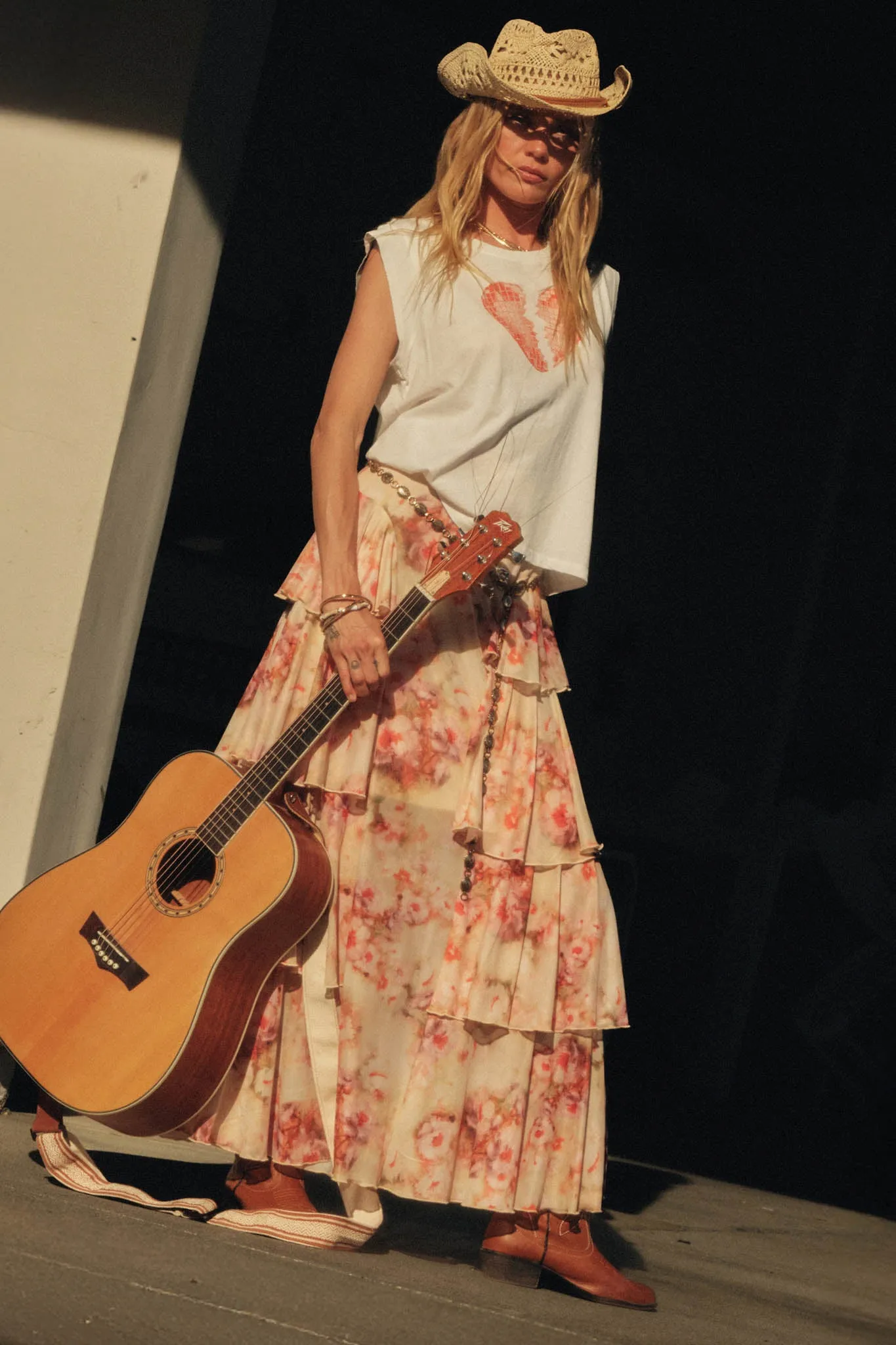 Rosy Blooms Floral Mesh Tiered Ruffle Maxi Skirt sold by Promesa