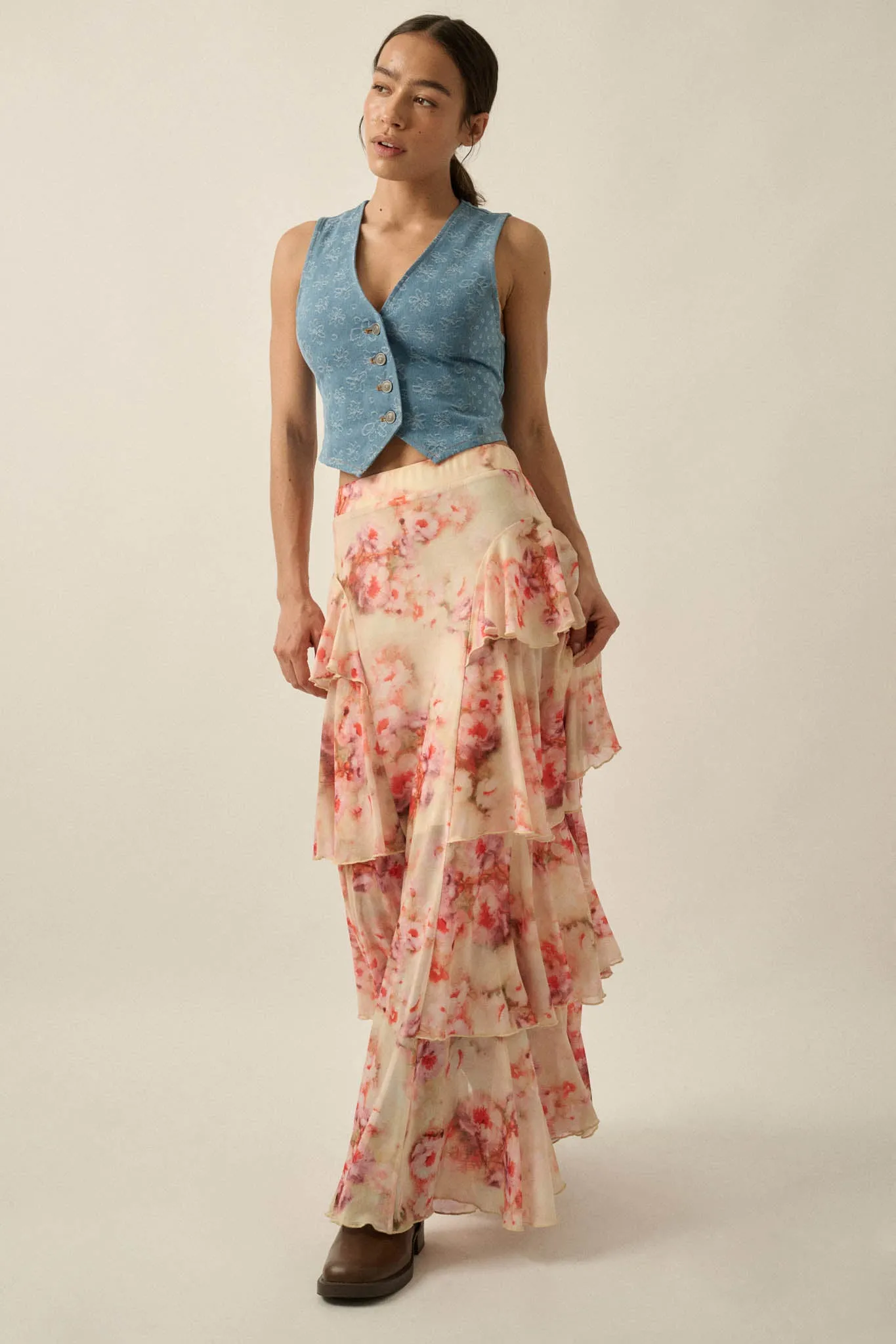Rosy Blooms Floral Mesh Tiered Ruffle Maxi Skirt sold by Promesa product image thumbnail 4