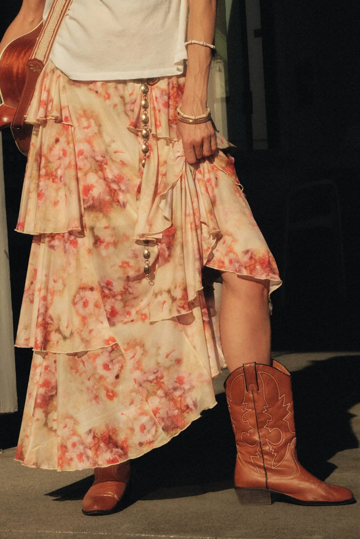 Rosy Blooms Floral Mesh Tiered Ruffle Maxi Skirt sold by Promesa product image thumbnail 2