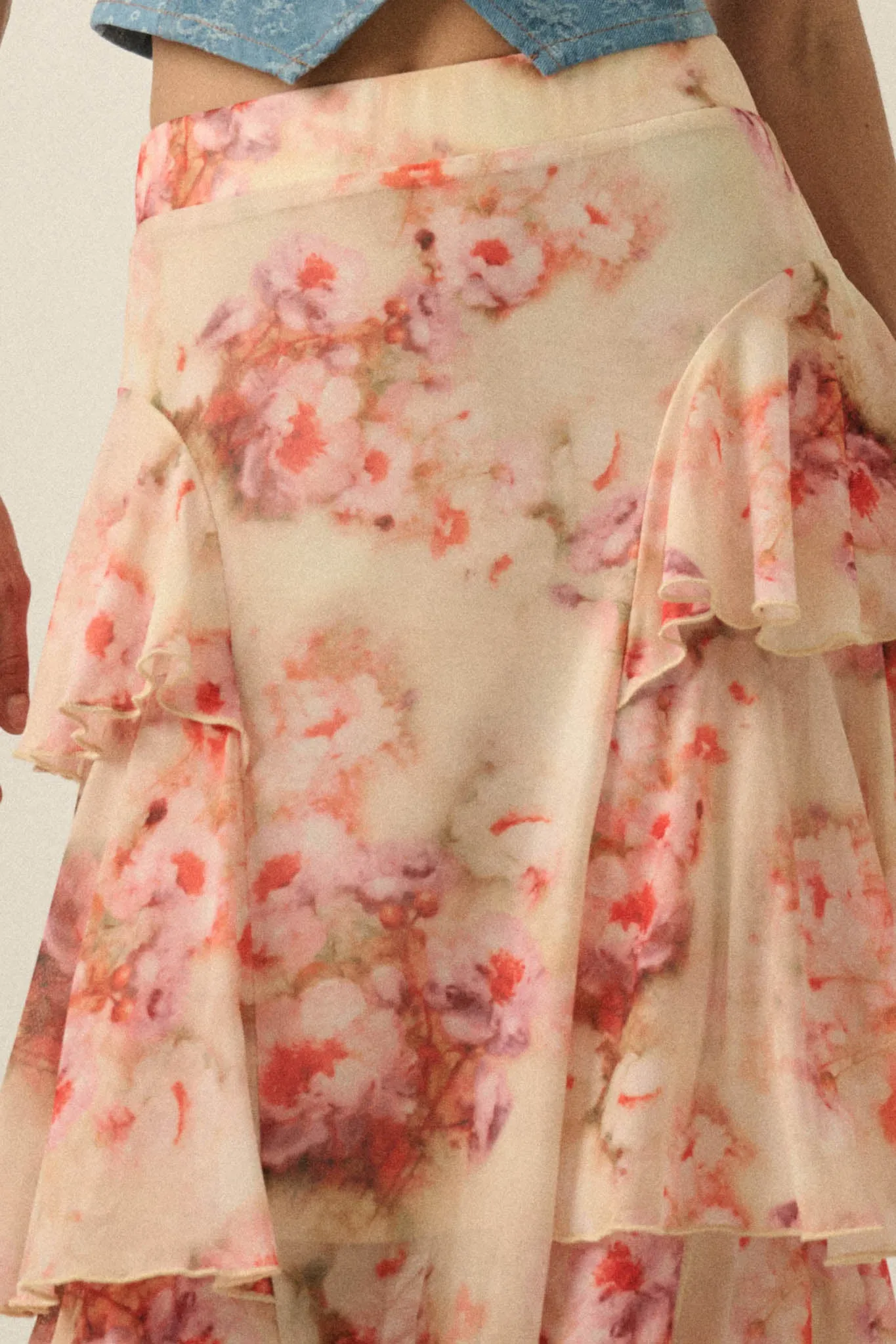 Rosy Blooms Floral Mesh Tiered Ruffle Maxi Skirt sold by Promesa product image thumbnail 5