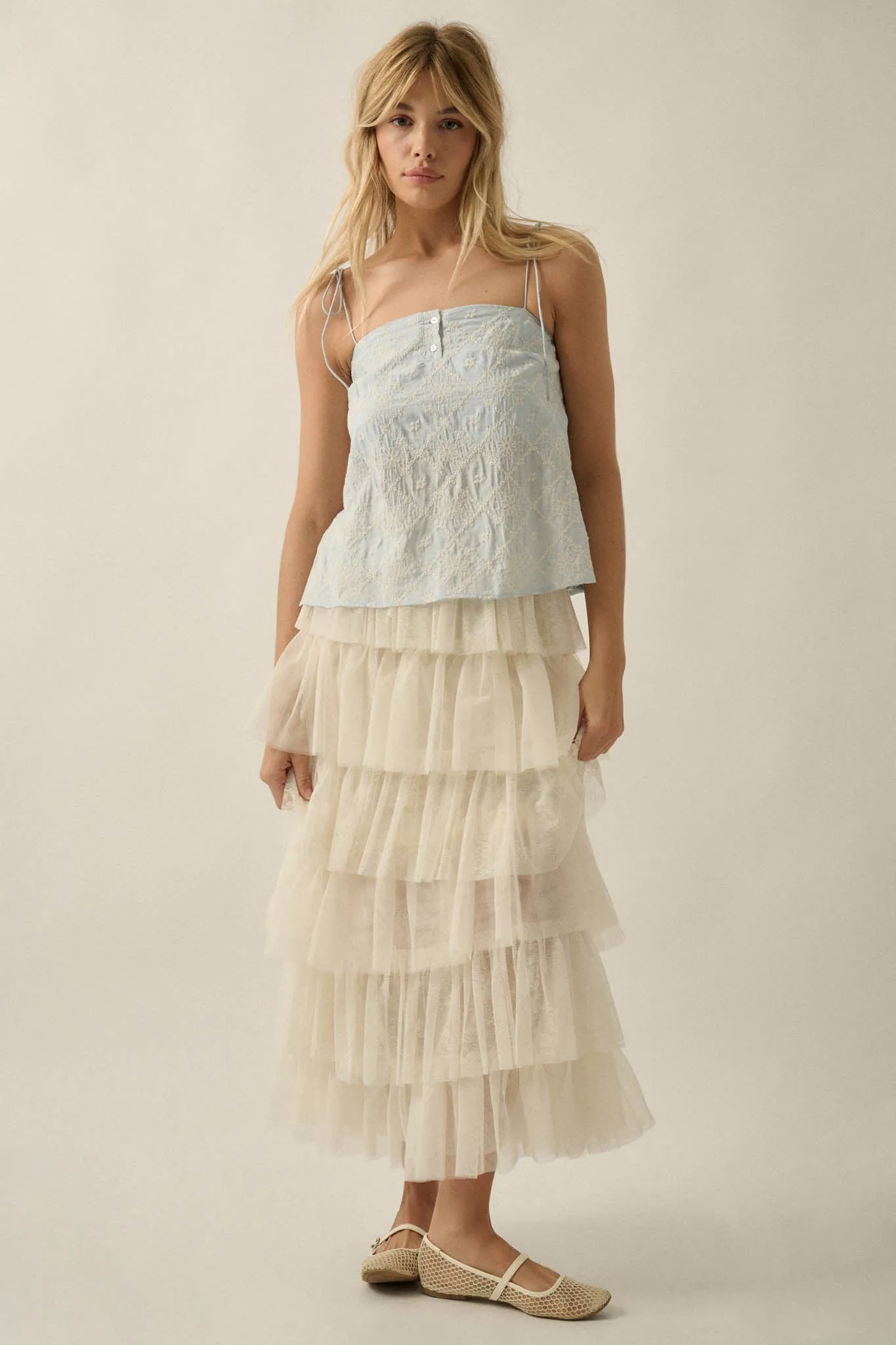 Twirl Power Floral Lace and Tulle Ruffle Maxi Skirt sold by Promesa product image thumbnail 4