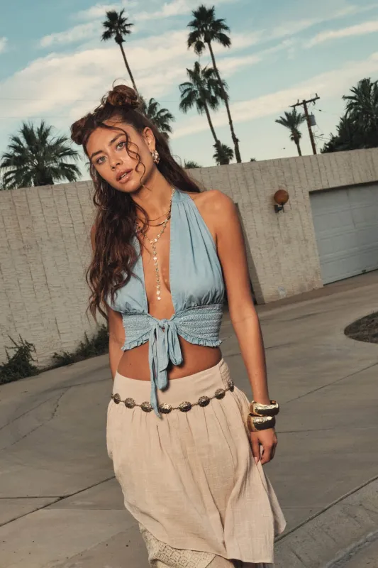 Blue Bliss Cropped Tie-Front Denim Halter Top made by Promesa