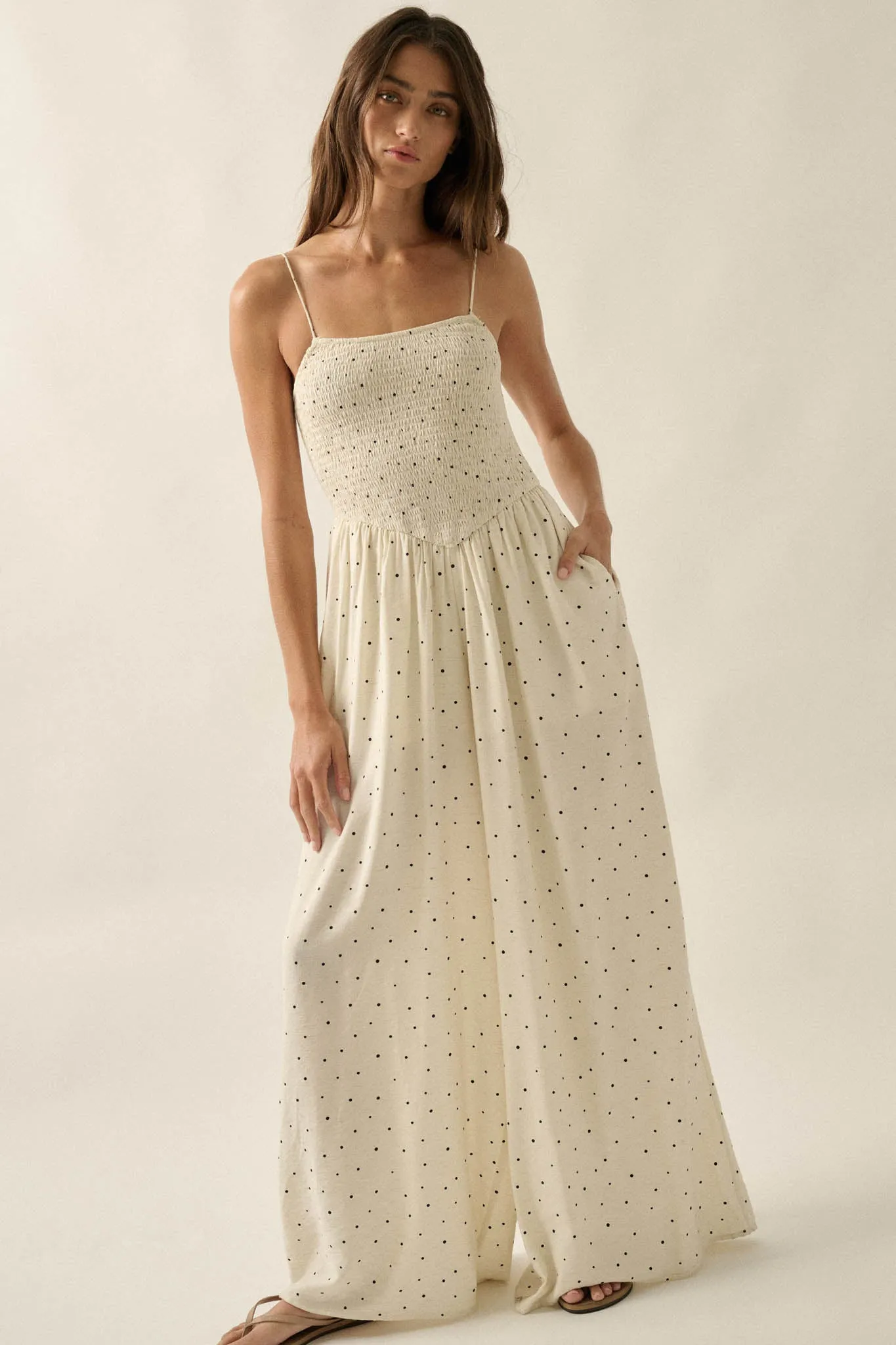 Spot On Polka Dot Smocked Wide-Leg Jumpsuit sold by Promesa