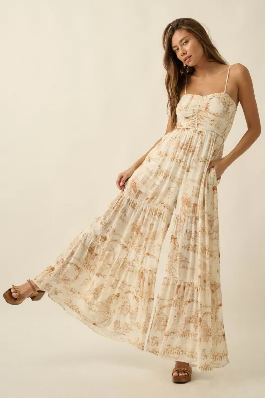 Beautiful View Toile Wide-Leg Tiered Jumpsuit made by Promesa