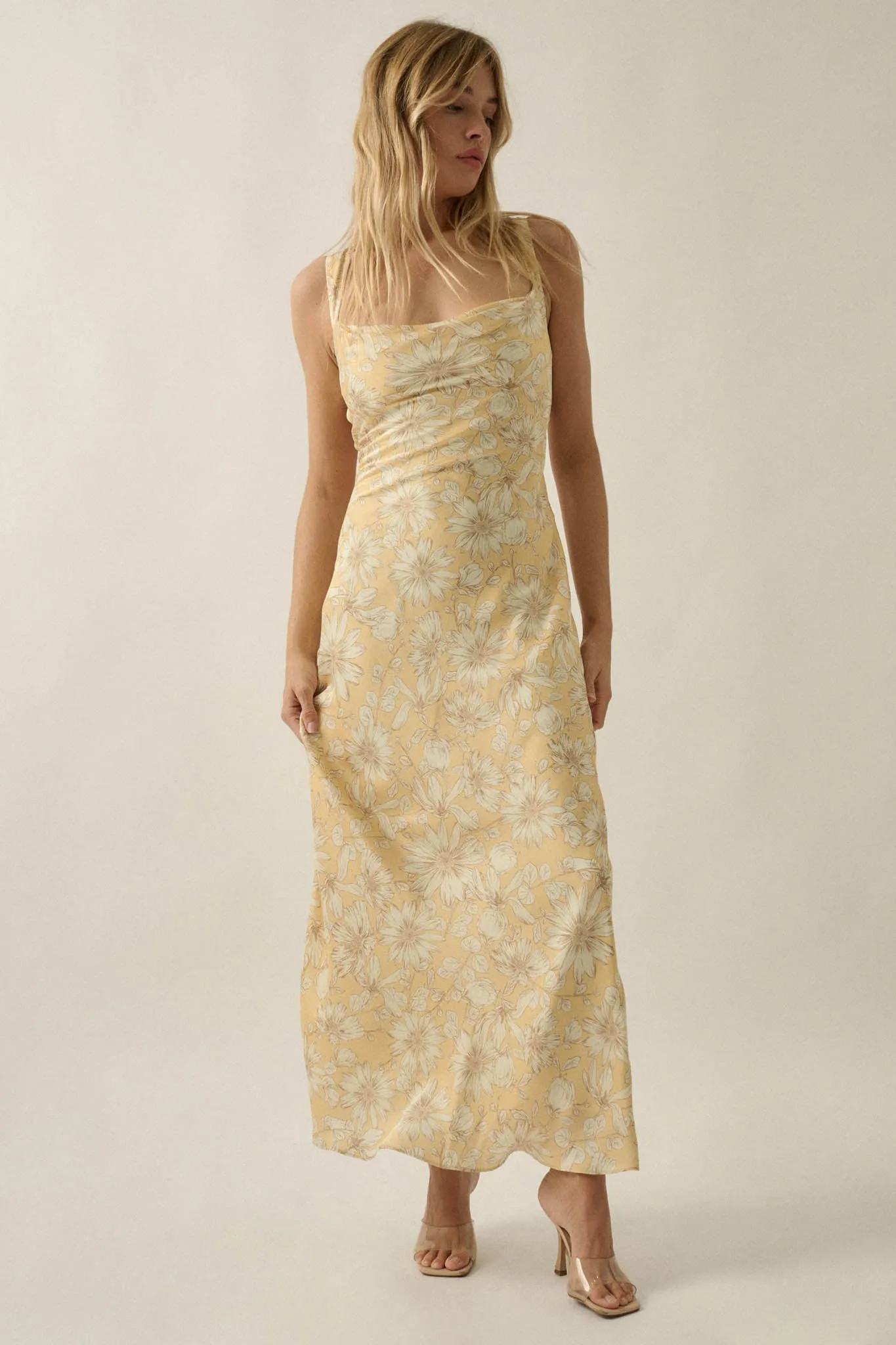Dreamy Daisy Floral Satin Lace-Up Back Maxi Dress sold by Promesa