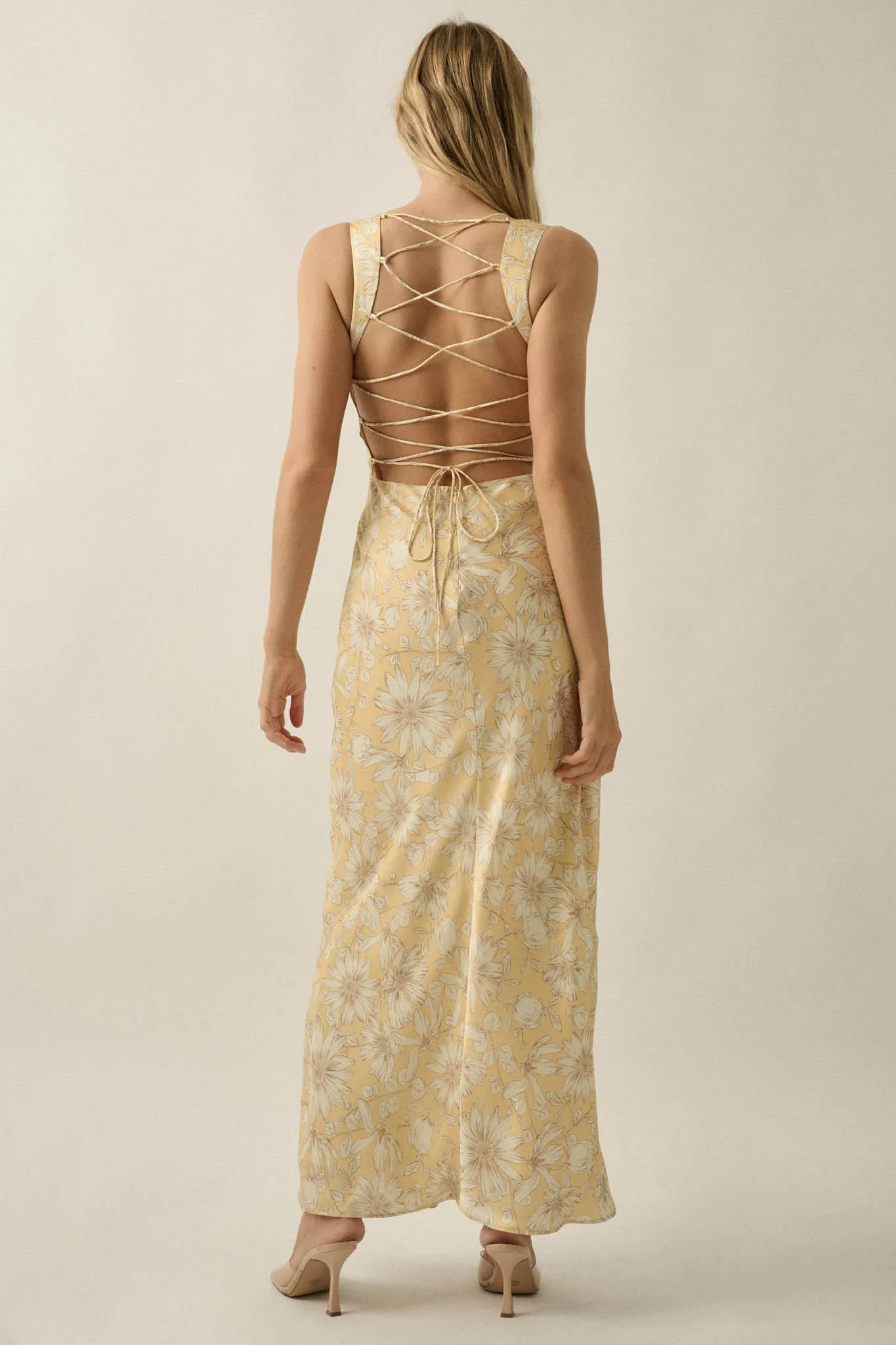 Dreamy Daisy Floral Satin Lace-Up Back Maxi Dress sold by Promesa product image thumbnail 2