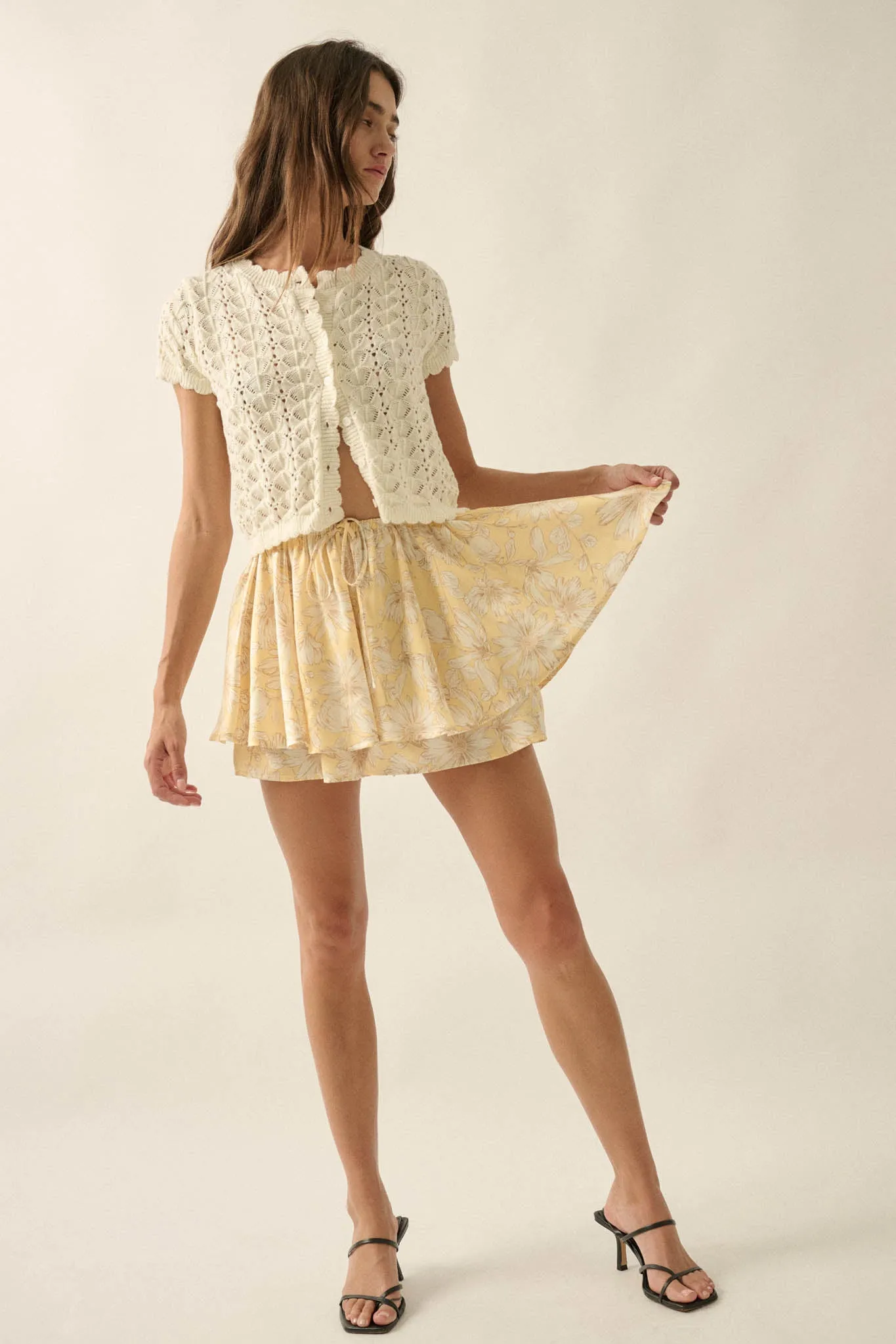 Dancing Daisies Floral Satin Drawstring Mini Skort sold by Promesa